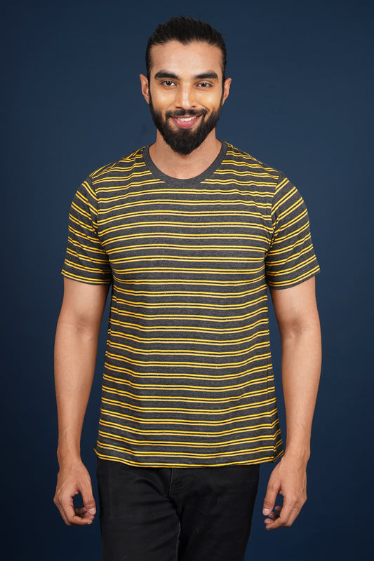 Men's Black/Yellow striped round neck t-shirt