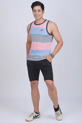 Men's White/Blue/Red Single Jersey Sleeveless Striped T-shirt