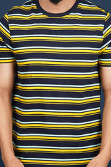 Men's Yellow/Navy/Green striped round neck t-shirt