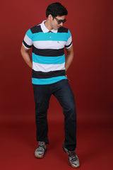 Men's Dark Navy/White/Blue Striped Pique Polo T-shirt