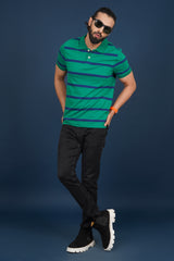 Men's Green/Blue Striped single jersey polo t-shirt