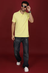 Men's Light Yellow Enzyme Wash Pique Polo T-shirt