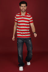 Men's Red/White/Green Striped Single Jersey Polo T-shirt