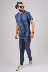 Men's Light Blue/Navy striped round neck t-shirt