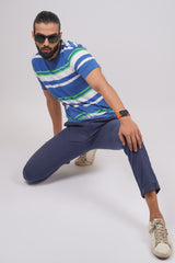 Men's Blue/White/Green striped round neck t-shirt