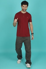 Men's Biking Red Pima Cotton Single Jersey Henley Neck T-shirt with Logo