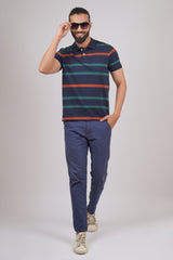 Men's Navy/Orange/Green Striped single jersey polo t-shirt