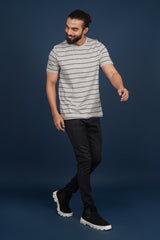 Men's Grey Melange/Navy striped round neck t-shirt