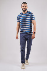 Men's White/Navy/Blue striped round neck t-shirt
