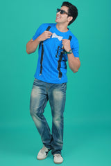 Men's Blue Printed Single Jersey Round Neck T-shirt