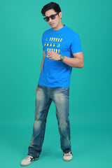 Men's Blue Printed Single Jersey Round Neck T-shirt