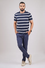 Men's Navy/White striped round neck t-shirt