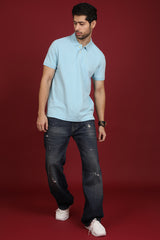 Men's Light Blue Enzyme Wash Pique Polo T-shirt