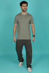 Men's Olive Melange Round Neck T-shirt with Logo