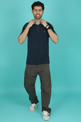 Men's Navy Pima Cotton Single Jersey Henley Neck T-shirt with Logo