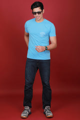 Men's Blue Single Jersey Printed Round Neck T-shirt With Pocket