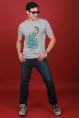 Men's Grey Melange Printed Single Jersey Round Neck T-shirt