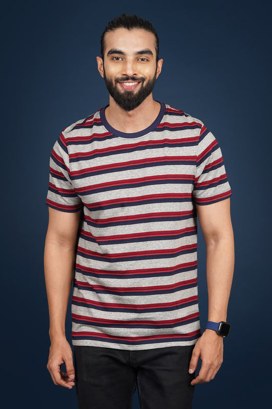 Men's Navy/Maroon/Light Grey striped round neck t-shirt