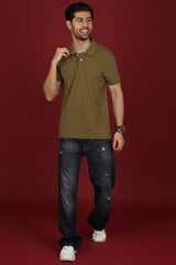 Men's Olive Green Enzyme Wash Pique Polo T-shirt