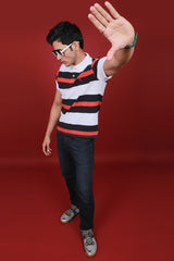 Men's Red/White/Dark Navy Striped Pique Polo T-shirt