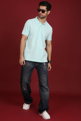 Men's Water Blue Enzyme Wash Pique Polo T-shirt