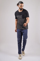 Men's Black/Grey striped round neck t-shirt