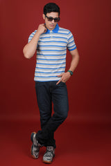 Men's White/Blue/Grey Striped Single Jersey Polo T-shirt