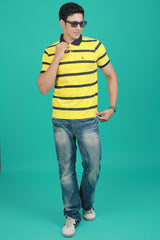 Men's Cyber Yellow/Black Striped Single Jersey Polo T-shirt