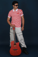 Men's Red/White Striped Pique Polo T-shirt