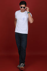 Men's White Single Jersey Printed Round Neck T-shirt With Pocket