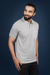 Men's grey melange core pique polo  t-shirt with pocket