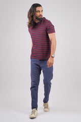 Men's Navy/Maroon striped round neck t-shirt