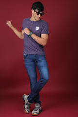Men's Purple Melange Single Jersey Henley Neck T-shirt