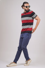 Mens Grey/Navy/Maroon Striped single jersey polo t-shirt