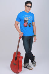 Men's Blue Printed Single Jersey Round Neck T-shirt