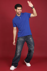 Men's Blue Enzyme Wash Pique Polo T-shirt