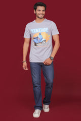 Men's Grey Melange Pima Cotton Single Jersey Round Neck T-shirt with Digital Print