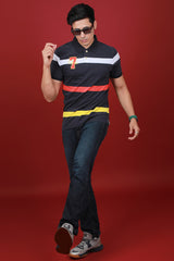 Men's Black/White/Red/Yellow Striped Single Jersey Polo T-shirt