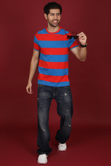 Men's Red/Royal Blue Striped Round Neck T-shirt