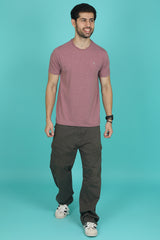 Men's Burgandy Melange Lycra Single Jersey Round Neck T-shirt with Logo