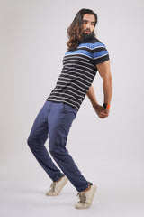 Men's Black/Blue/White Striped Pique Polo T-shirt