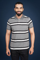 Mens Grey/White/Black Striped single jersey polo t-shirt