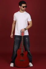 Men's White Lycra Single Jersey Round Neck T-shirt with Logo