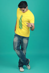 Men's Yellow Printed Single Jersey Round Neck T-shirt