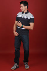 Men's Dark Navy/White/Grey Striped Single Jersey Polo T-shirt