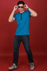 Men's Petrol Single Jersey Henley Neck T-shirt