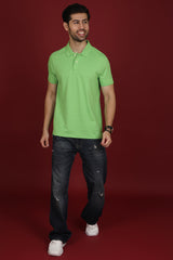 Men's Light Green Enzyme Wash Pique Polo T-shirt