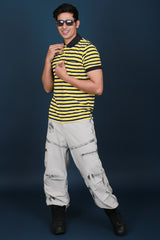 Men's White/Yellow/Black Striped Pique Polo T-shirt