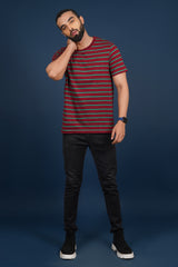 Men's Maroon/Leaf Green striped round neck t-shirt