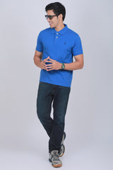 Men's Blue Pique Polo T-shirt with Logo Embroidery